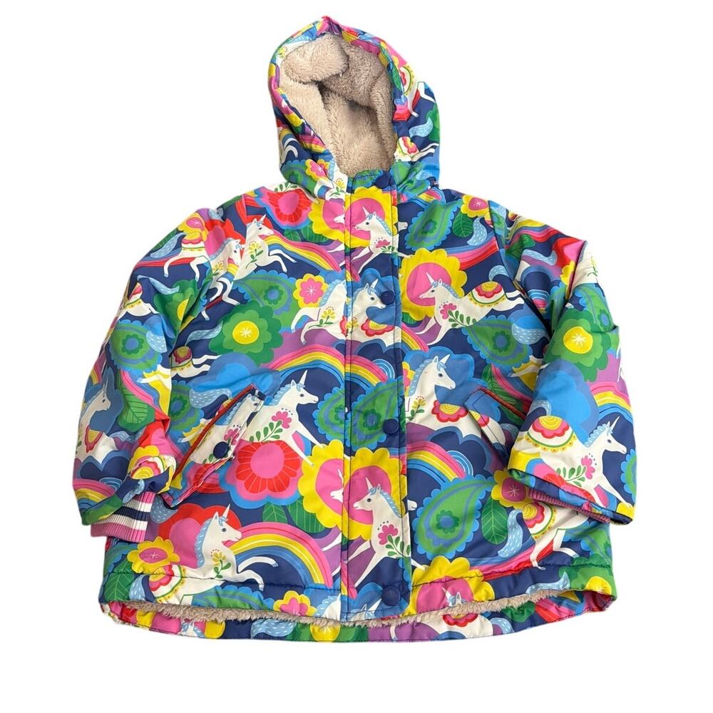 Mini Boden Girls Unicorn Rainbow Sherpa Lined Hooded Puffer Jacket Coat Size 4-5